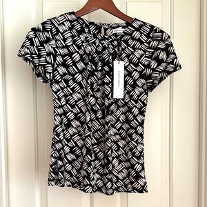 Calvin Klein Top Size XS Black White Short Sleeves Frilly Neck Single Button